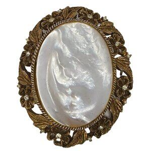 Vintage Iridescent Mother of Pearl Brooch & Pendant Floral Filigree Jewelry Pin